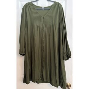 Old Navy Olive Green Pleat‎ Boho Button Front Long Sleeve Tunic Dress XXL